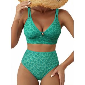 Herseas Women's Bikini Sets V Neck Cutout Two Piece Swimsuit Push Up High Waisted Tummy Control Bathing Suits Sexy Beach Swim Wear Summer 2026 Zigzag Stitch Green Scalloped Floral Medium