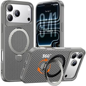 Designed for iPhone 17 Pro Max Case with 360 Magnetic Stand, Carbon Fiber Phone Case [Compatible with Magsafe] [15FT Military Protection] with Stand Ring 6.9'', Natural Titanium