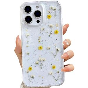 LSEEKA for iPhone 16 Pro Clear Case with Pressed Real Flowers Design,Glitter Cute Yellow Floral Pattern Slim Soft TPU Protective Women Girl's Phone Cover for iPhone 16 Pro