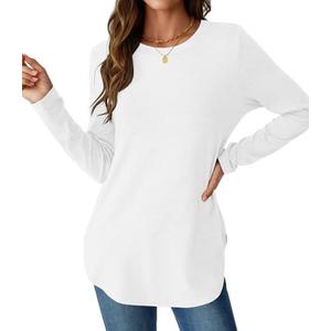 NORACORA Womens Long Sleeve Shirts Loose Tunic Tops Round Neck Lightweight Side Split Casual 2025 Trendy Basic Tshirts Blouse M