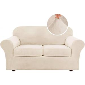 H.VERSAILTEX Real Velvet Plush 3 Piece Stretch Sofa Covers Couch Covers for 2 Cushion Couch Loveseat Covers Width Up to 72 Inch Feature Thick Soft Stay in Place (Medium Sofa, Cream)