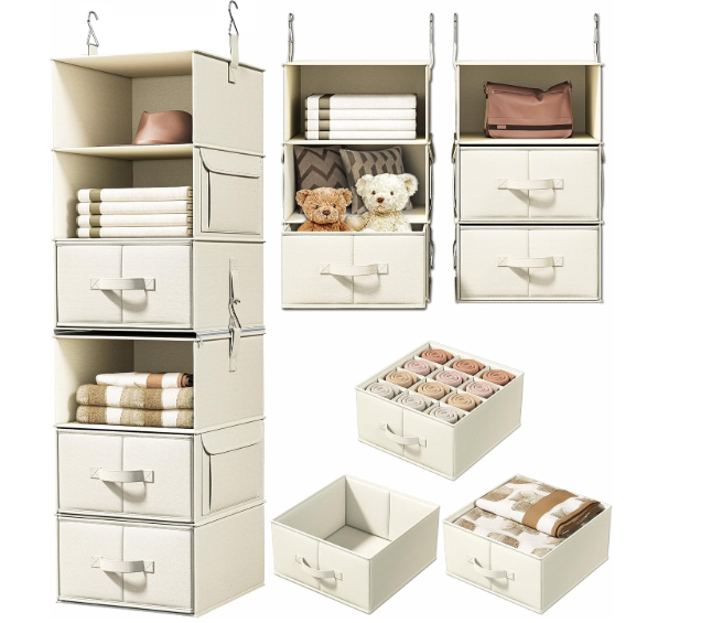 Vailando 6-Shelf Hanging Closet Organizer with 3 Drawers, 2 Separable 3-Shelf Closet Organizers and Storage for Wardrobe Organization, Hanging Dresser for Nursury & Dorm Clothes Organizer, Beige