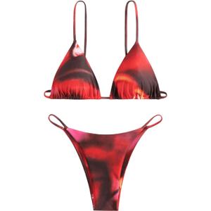 WDIRARA Women's 2 Piece Tie Dye Triangle Bikini Sets Spaghetti Strap Swimsuit Bathing Suit (Red, S)