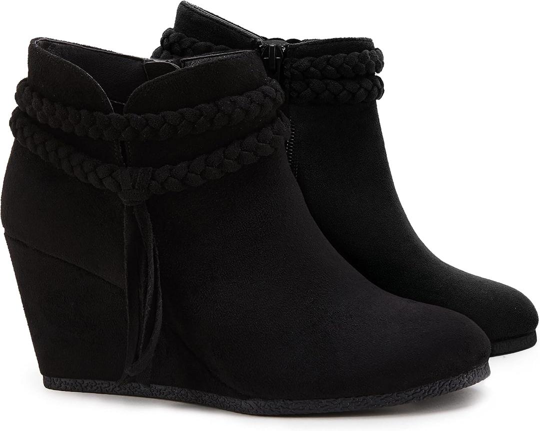 Fashare Womens Wedge Ankle Boots Braided Fringe Strap Western Heeled Fall Booties Dress Shoes,Suede Black, Size 7