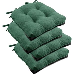 downluxe Indoor Chair Cushions for Dining Chairs, Tufted Overstuffed Textured Kitchen Chair Pads with Ties and Non-Slip Backing, 15.5" x 15.5" x 4", Dark Green, 4 Pack