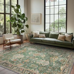 8x10 Area Rugs for Living Room, Machine Washable Rug Lightweight Low Pile, Chenille Non Slip Rug Boho Print Decorative Carpet for Bedroom Dinner Room, Sage/Gold (8' x 10' (Rectangular))