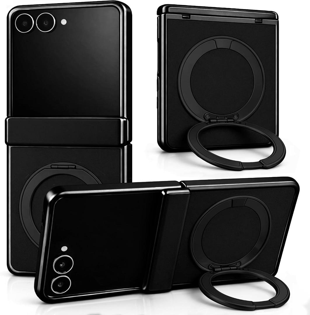 Genuine Leather Case for Samsung Galaxy Z Flip 7, Slim MagSafe Compatible Cover with Hinge Protection, Military-Grade Drop Protection, 360° Rotating Magnetic Kickstand (Black, Z Flip7)