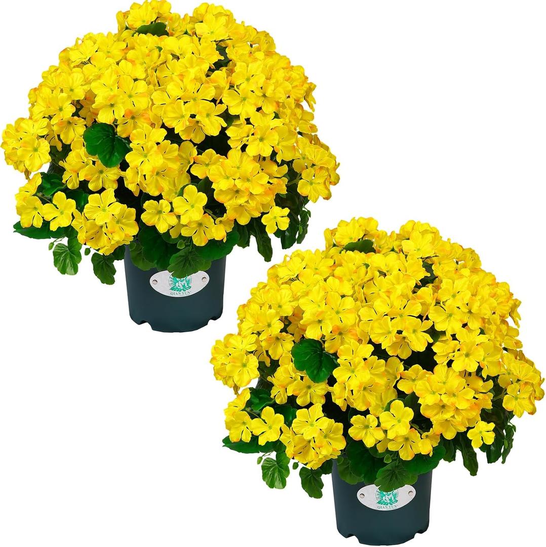 QIANYUN Artificial Topiary for Outdoors- 20 Potted Plant Fake Geraniums Bush-UV Resistant Artificial Outdoor Plant for Front Porch, Garden, Yard, Patio Decor (Yellow)