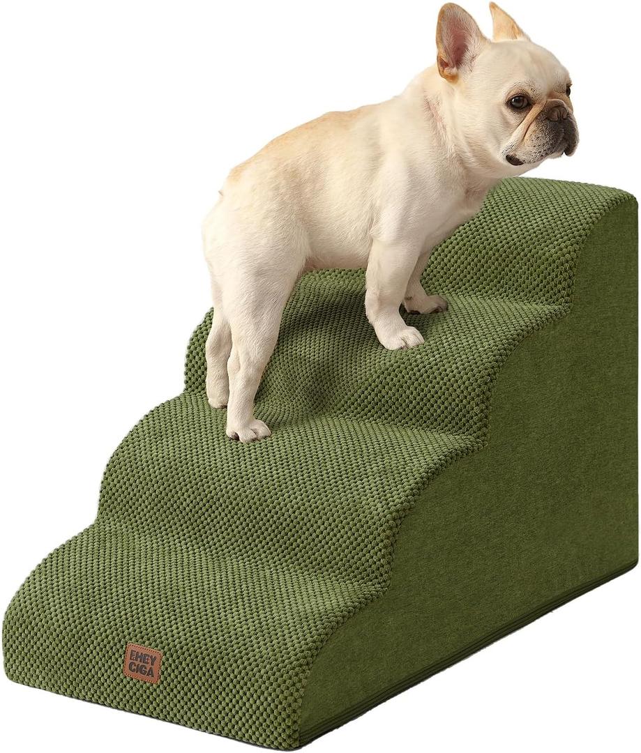 EHEYCIGA Curved Dog Stairs Ramp for High Beds 19.7" H, 4-Step Dog Steps for Small Dogs and Cats, Pet Stairs for High Bed Climbing, Non-Slip Balanced Pet Step Indoor, Olive Green