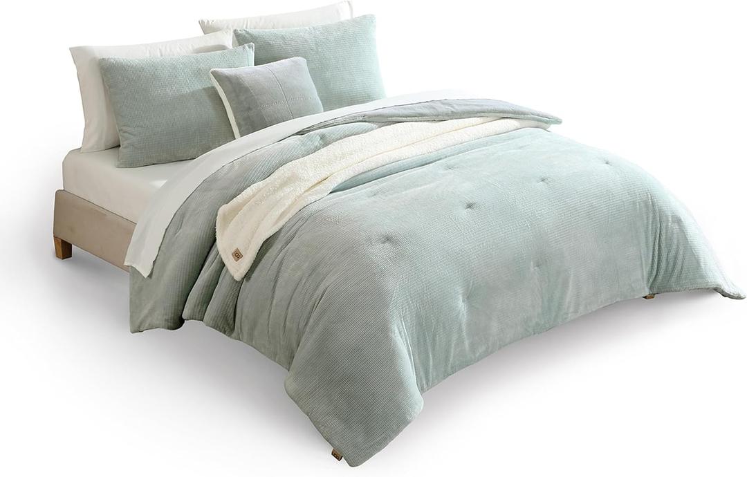 UGG Remina Comforter Set 5 Piece Bed in a Bag with Throw Blanket, Decorative Pillow, Shams, and Reversible Comforter Hypoallergenic Washable Luxury Fluffy Bedding, Full/Queen, Blue Green Clear Creek