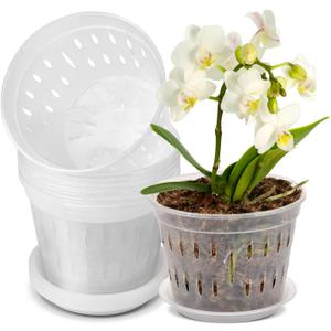 JGB 9 Pack 7 Inches Orchid Pots for Repotting, Clear Orchid Pot with Holes and Saucers, Breathable Slotted Orchid Planters, Plastic Flower Plant Pots Indoor and Outdoor