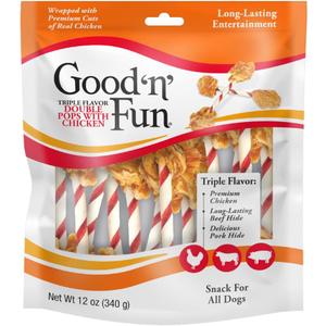 GOOD 'N' FUN Triple Flavor Double Pops with Chicken Chews for All Dogs, 12 Ounces, Treat Your Dog to Chews Made with Real Chicken, Beef Hide and Pork Hide (BBD 09/18/2027) 