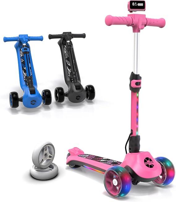 Elecorange T500 Electric Scooter for Kids Ages 4-9, Big Light Up Wheels, 3 Adjustable Heights, Ride On for Children 4-8, 3 Wheel Electric Scooters for Kid 5-7, Princess Scooter for Girls, Pink