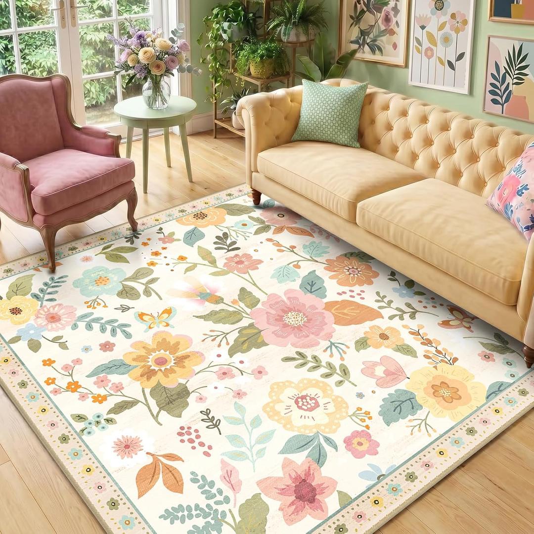 RELEANY Floral Square 6ft Area Rugs Washable Print Boho Cute Carpet Non Slip Flower Low Pile for Living Room Bedroom Kitchen Office Farmhouse-Beige/White/Orange