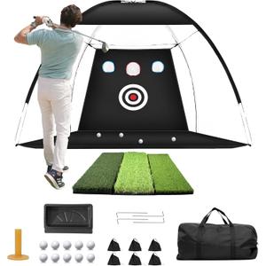 Golf Hitting Net 10x7FT with Tri Turf Mat, Golf Nets for Backyard Driving Real Golf Balls with 10 Balls, 4 Ground Stakes, 6 Windproof Sandbags, Rubber Tee, Tray and Carry Bag Indoor/Outdoor Use