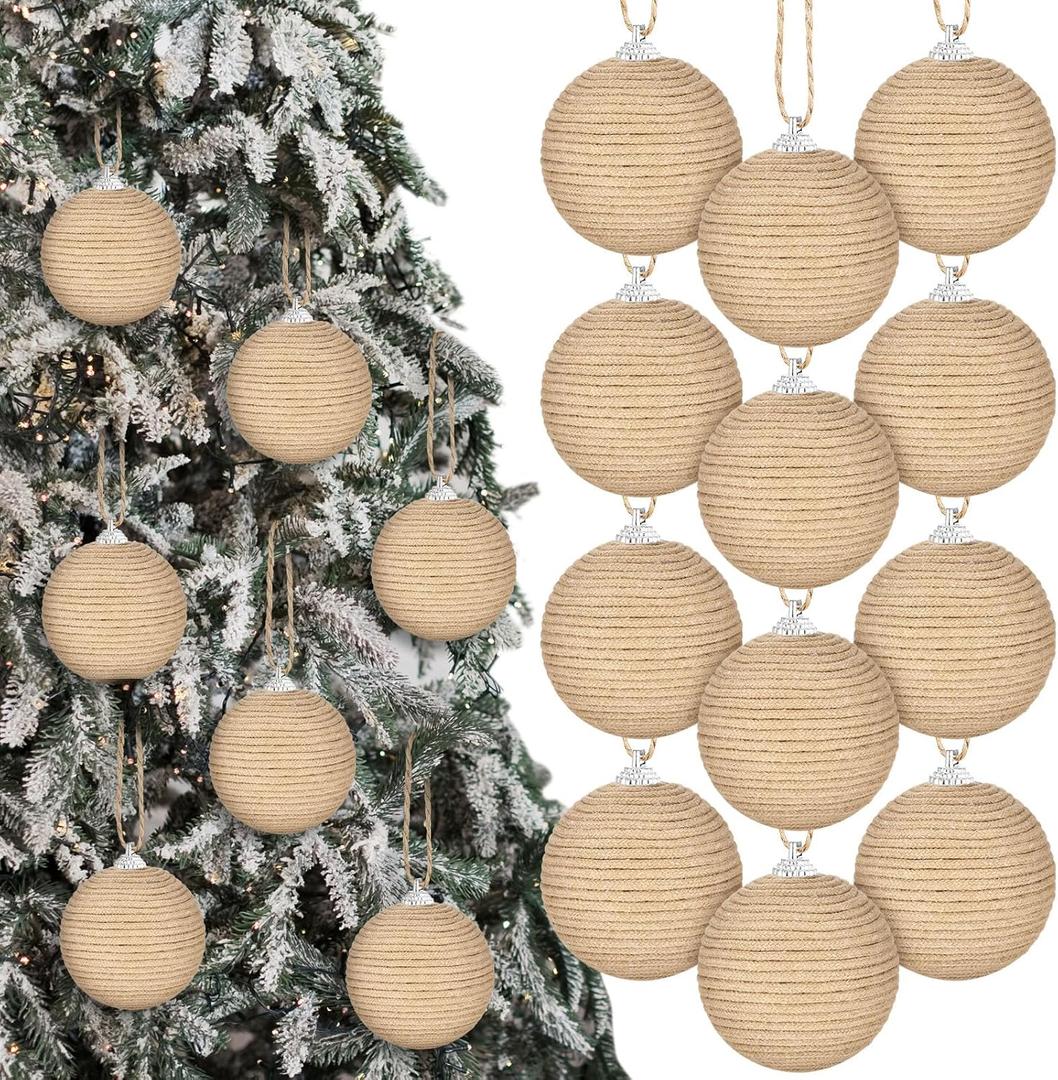 12 Pcs Burlap Christmas Ball Ornaments 3.15 Inch Farmhouse Hanging Balls Boho Rustic Ornaments for Xmas Tree Wreath Garland Holiday Party Home Decoration