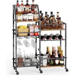 VINAEMO Rolling Bar Cart with Wine Glass Holder, Bar Carts for The Home, Bar Stand for Home, Small Mini Bar for Whiskey Wine, Liquor Cart for Home Bar, Alcohol Cabinet for Bar, Kitchen, Dining Room, Large