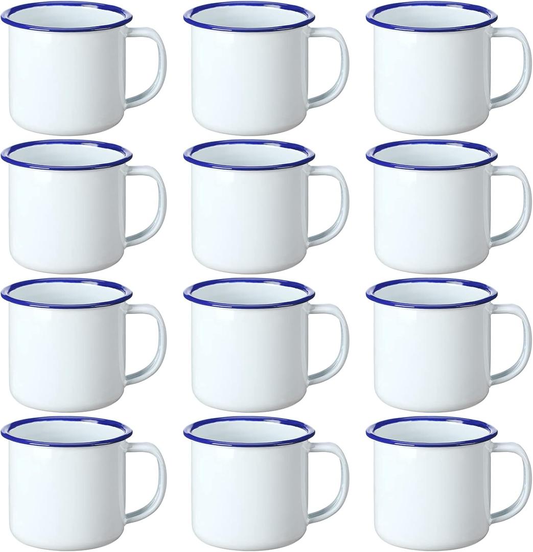Yinder Mini Enamel Camping Coffee Mugs Metal Small Classic Portable White Campfire Mugs Bulk Vintage Cups with Handle for Coffee Tea Picnic Travel Indoor Outdoor Activities(12 oz, 12 Pcs)