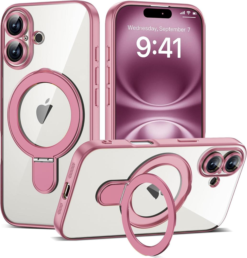 Compatible with iPhone 16 Case with Invisible Magnetic Ring Stand [Compatible with Mag-Safe] [Full Camera Lens Protector] Plating Clear Phone Case for iPhone 16 6.1", Pink