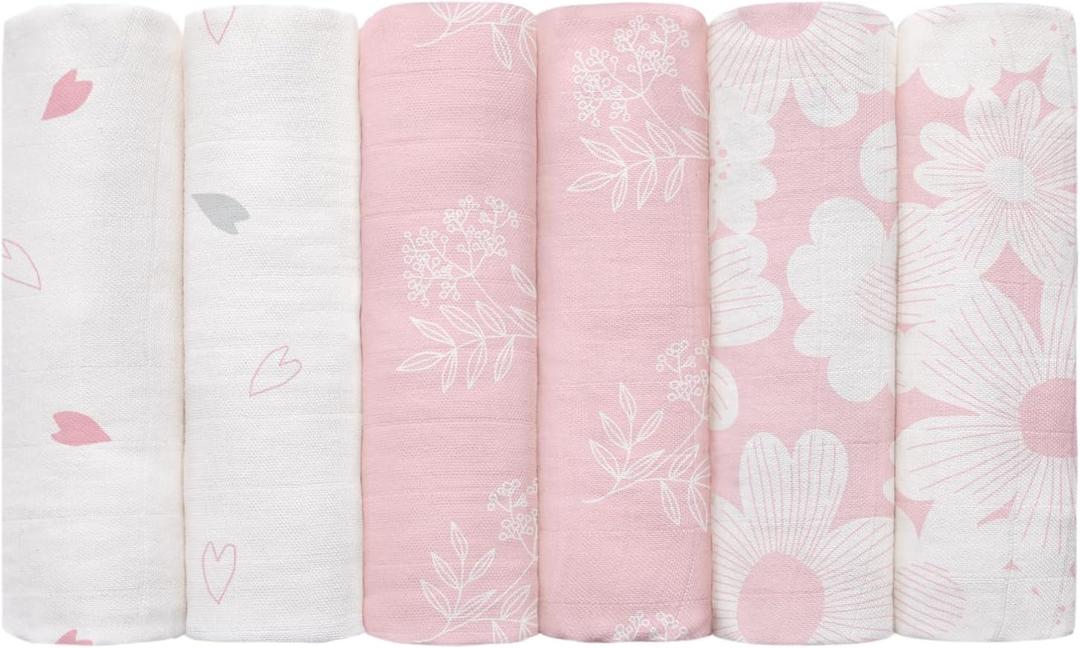 GLLQUEN BABY Receiving Blanket Boy Cotton Muslin Swaddle Blankets Girl Newborn Squares Breathable & Soft Thin Baby Blankets Cloths Double Absorbent Infant Swaddling Wrap - 6 Pack (Rosebud)