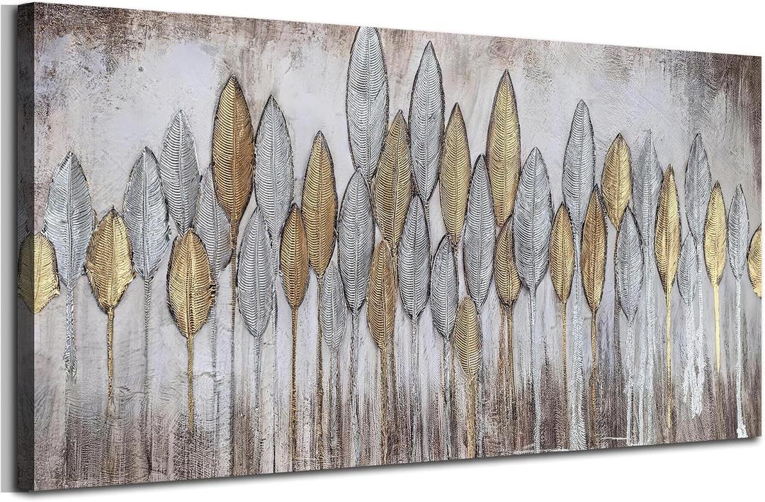 Acocifi Beige Neutral Canvas Wall Art Living Room, Large Abstract Gold Leaf Textured Painting, Modern Minimalist Picture Artwork Framed for Bedroom Dining Room Office Home Decor 48"x24"