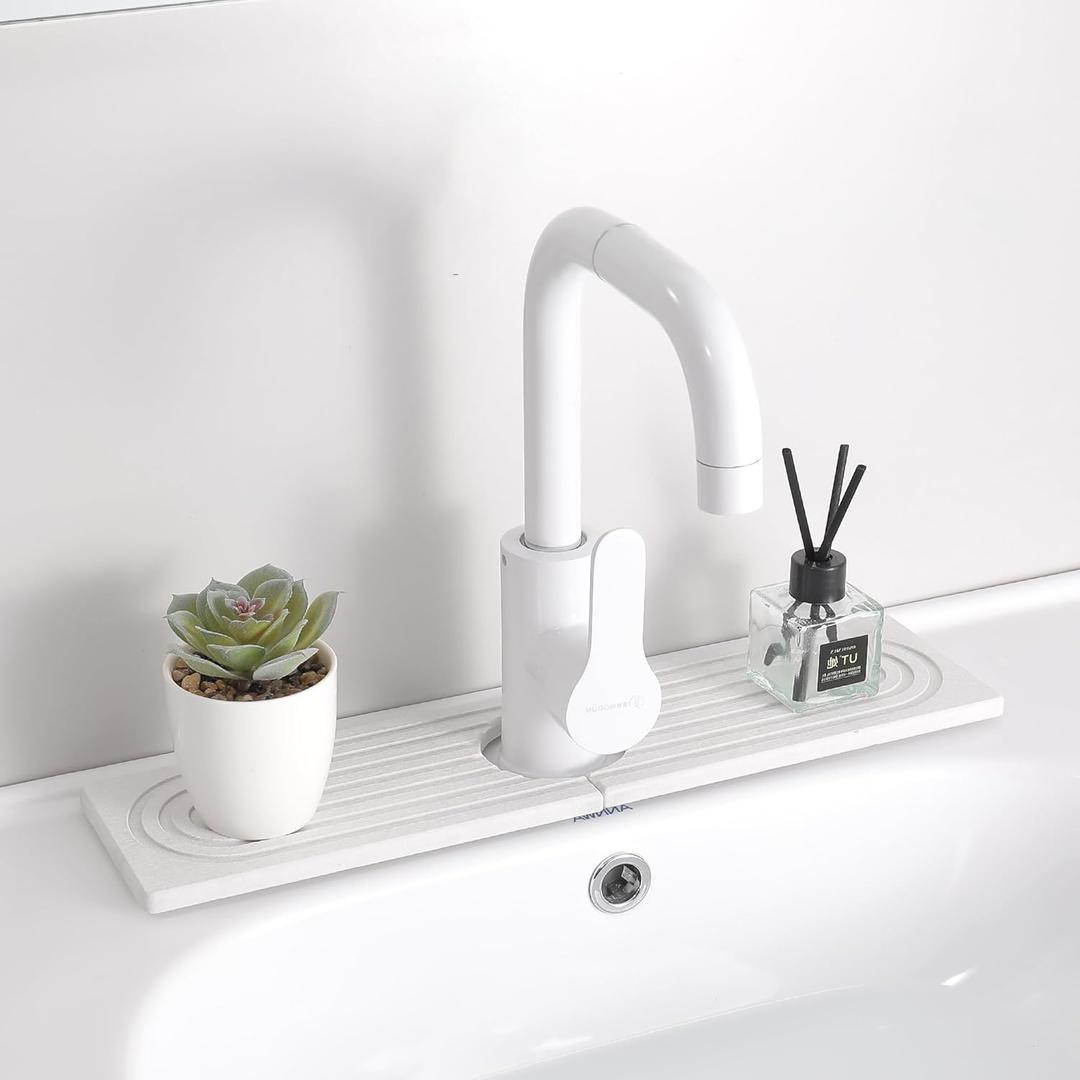 Diatomite Sink Splash Guard  Super Absorbent Kitchen & Bath Mat, Quick-Dry Non-Slip Drying Tray, Fits Most Faucets, Pet Bowl Mat, Vase Holder (White, 15.8'' x 4'')