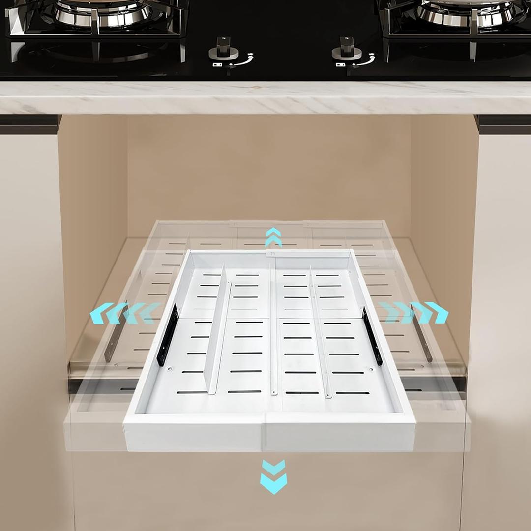 2 Pack Pull Out Cabinet Organizer,Adjustable Width11.8"-19.7" Deep16.3"-21.7"Expandable with 3 Rails,Slide Out Drawer for Kitchen Cabinets,With Magnetic Dividers,White