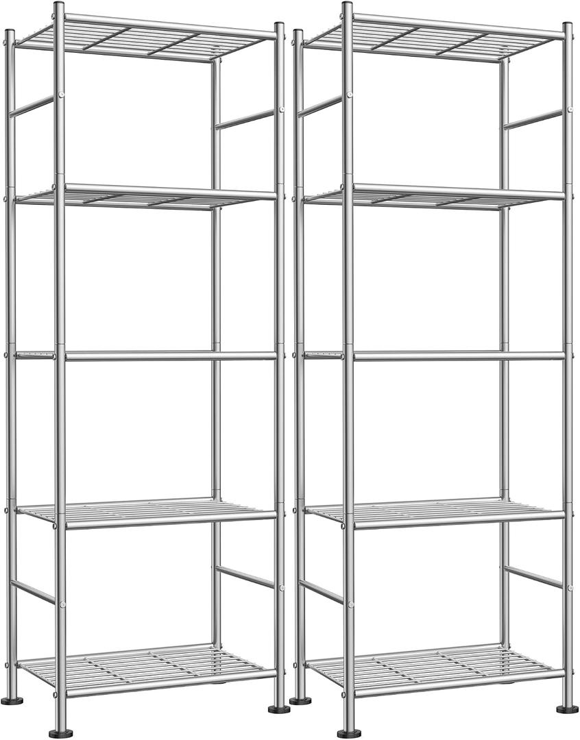 Sakugi Storage Shelves - Set of 2, 5-Tier Metal Shelf Organizer, Space-Saving Garage Shelving with Leveling Feet, Standing Shelves Organizer for Kitchen, Laundry, Pantry (18.4"x12.6"x57.4", Silver)