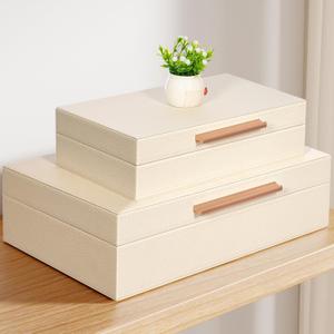 Decorative Boxes with Lids 2-Set, Memory Box for Keepsakes, Saving Space, Beautiful PU Leather Keepsake Box, Decorative Storage Boxes with Gold Metal Handles Store Photos, Documents White