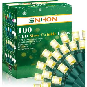 Enhon Slow Twinkling Christmas Light, 100 Lights 35 Ft Twinkle Pulsing Christmas, 5mm LED Wide Angle Soft Random Shimmering Set with Green Wire(Warm White,1 Pack)