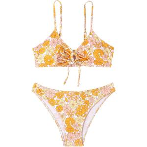 Women's Bikini Set Two Piece Front Tie V Neck Spaghetti Straps Swimsuit Summer Beach Sexy Floral Bathing Suit,  M