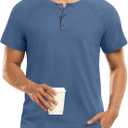XUZHU Men's Summer Polo Shirts Short Sleeve Cotton Casual Henley T-Shirts Button Raglan Sleeve Tees (Blue, XL)