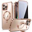 CD Metal Ring Stand + Built-in Privacy Screen Protector Magnetic Case for iPhone 16 Pro Max 6.9" Soft Bumper Full Signal Compatible with MagSafe Full Body Shockproof Clear Case, Desert Gold