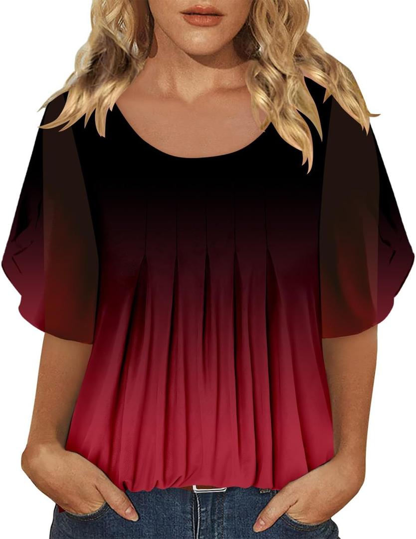onlypuff Womens Double Layered Tunic Tops Half Sleeve Floral Double Layered Sheer Flowy Blouse Round/V Neck Casual Shirts (L)