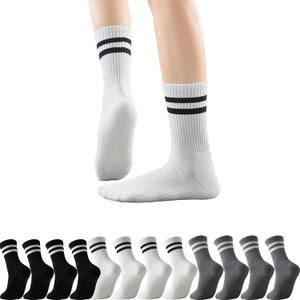 GLENMEARL Pilates Socks with Grips for Women, 3/6 Pairs Yoga Non Slip Long Socks, Grip Sock for Pilates, Dance Workout (7-9, 6 Pack Striped (Black,white,grey))