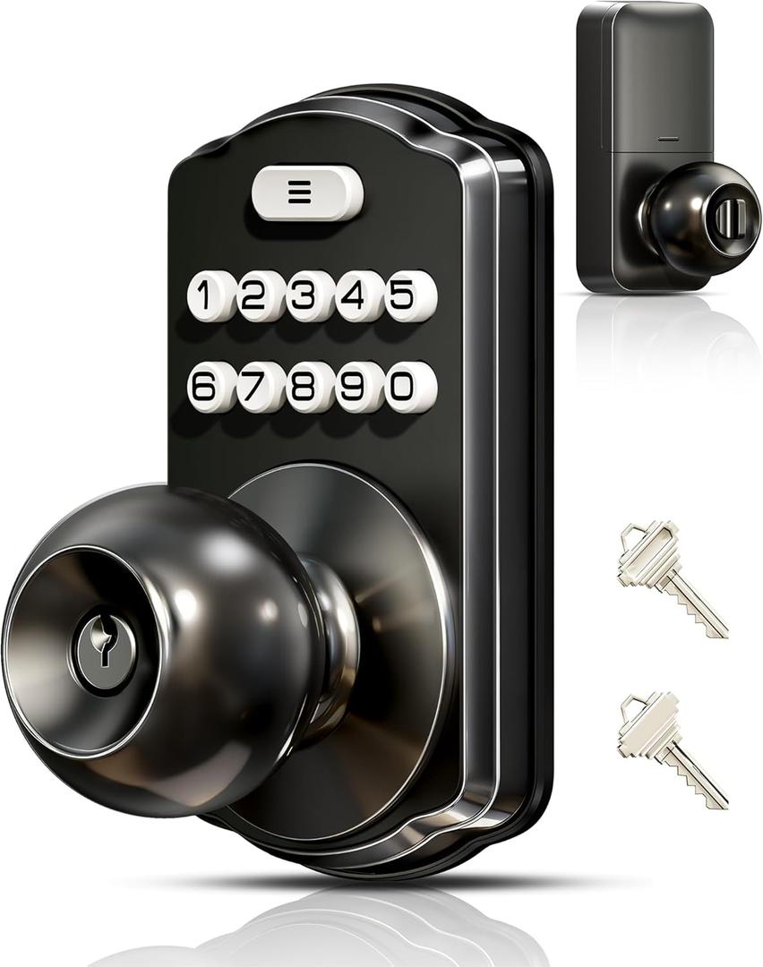 Veise Keypad Door Knob Lock, Keyless Entry Digital Lock with Handle, Electronic Smart Knob for Front Door & Bedroom, Easy Install, Auto Lock, Passage Mode, Anti-Peeping Password, Matte Black