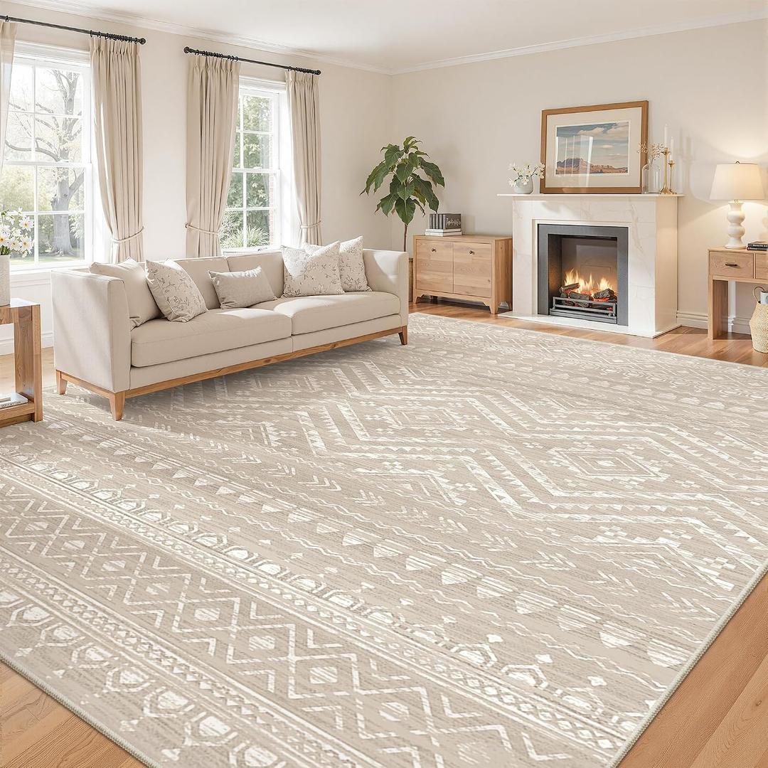 Miukiki 9x12 Area Rug for Living Room Moroccan Washable Rugs Non Slip Indoor Floor Carpet Foldable Large Soft Area Rug for Dining Room Bedroom with Low Pile(Brown,9'x12')