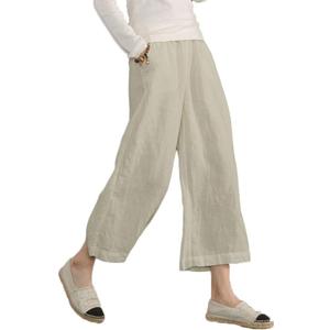 ECUPPER Womens Cotton Cropped Pants Loose Fit Wide Leg Capri Casual Plus Size Elastic Waist Trousers (12-14, Natrual)