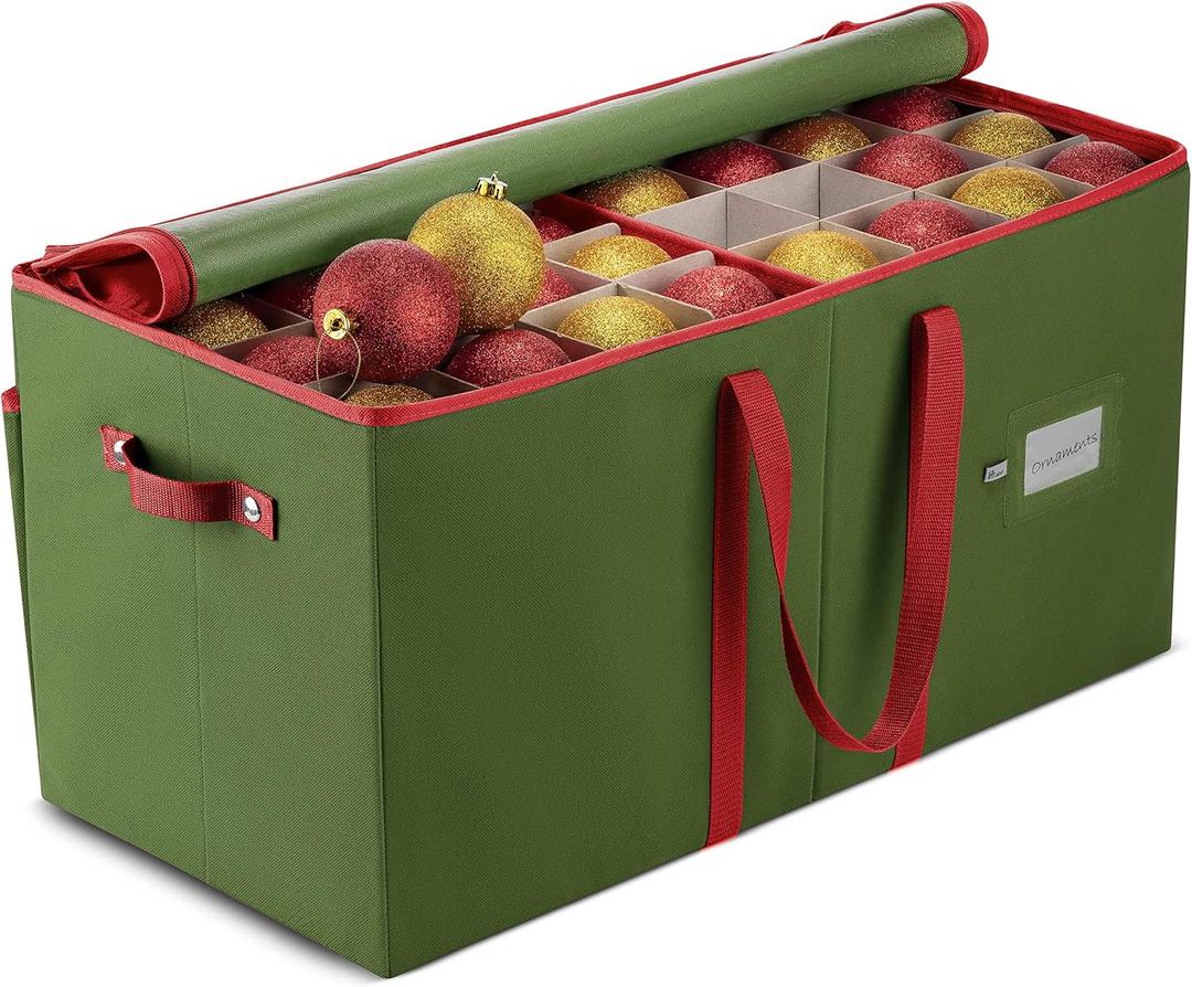 ZOBER Large Christmas Ornament Storage Box  Stores 128 3" Ornaments, With Dividers  Ornament Organizer Storage Box, Durable Christmas Containers Holder  Extra Pockets, Dual Zipper  Green
