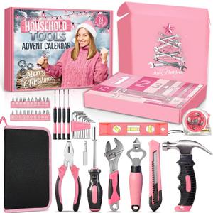 Household Tool Advent Calendar for Women Teen Girls, 24 Days Pink Countdown Calendar of Household Repair Tool Kit Christmas Suprise Gifts for Wife Daughter Sister DIY Lovers
