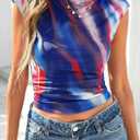 PRETTYGARDEN Women's Summer Floral Mesh Tank Tops 2025 Trendy Casual Cap Sleeve Slim Fitted Blouse Shirt Going Out Outfits (Blue, S)