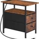 HOOBRO End Table with Charging Station, Narrow Side Table, Nightstand with 2 Non-Woven Drawers, Slim Sofa Side Table, for Small Spaces, Living Room, Bedroom, Rustic Brown and Black BF486UBZ01