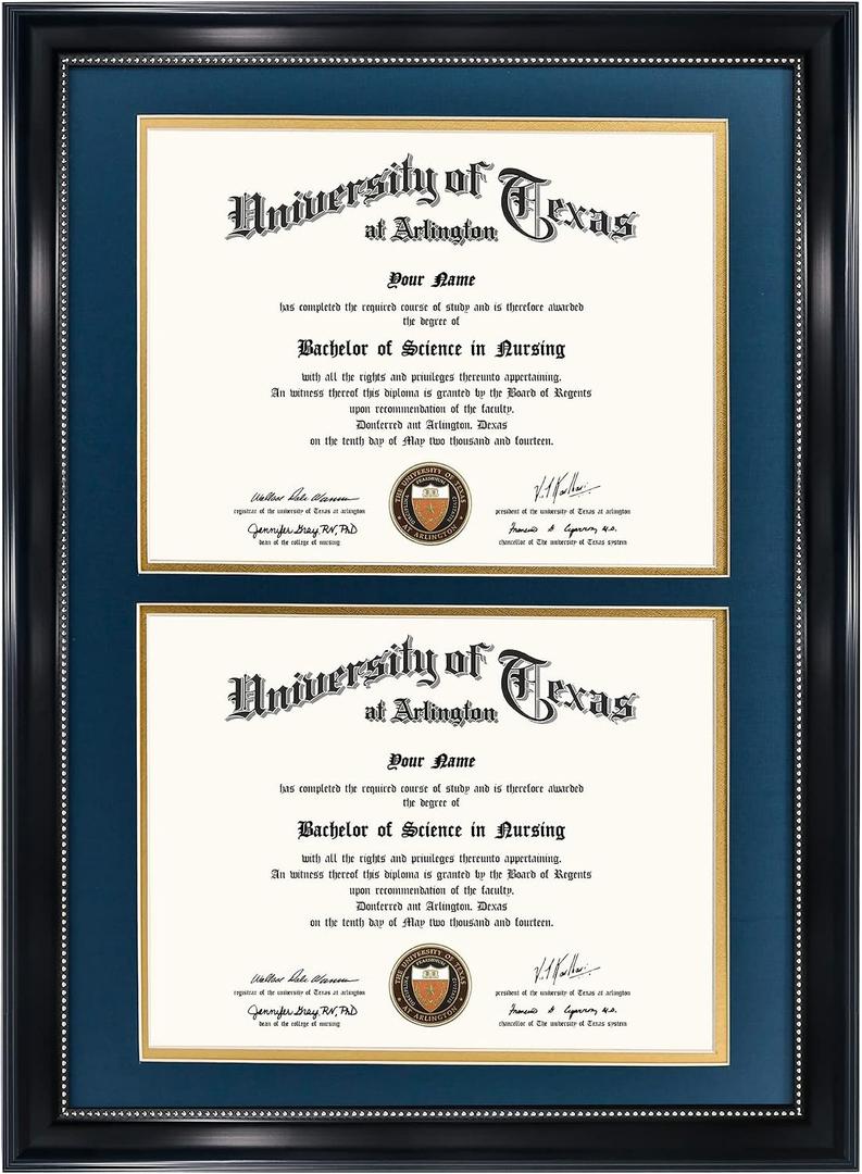 GraduationMall 14x20 Double Diploma Frame, Display 8.5x11 Certificate with Navy over Gold Mat,Tempered Glass,Black with Silver Beads