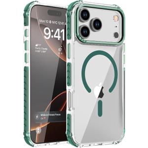 DEERLAMN Strong Magnetic Case for iPhone 17 Pro Max 6.9-Inch,[Compatible with Magsafe][Military Grade Drop Protection] Clear Slim Shockproof Protective Phone Cover-Transparent+Green