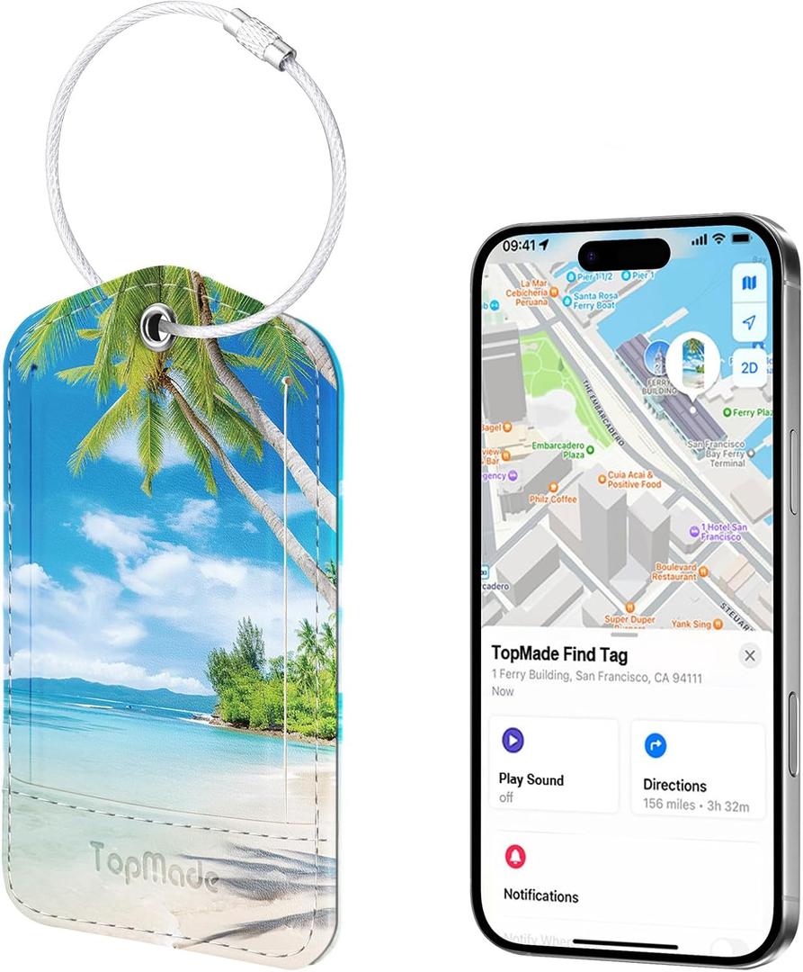 TopMade Smart Luggage Tag with Find My, Premium Leather Luggage Tags for Suitcase, Travel Bags, Backpacks, Anti-Lost Suitcase Tag Tracker for Travel with Privacy Name Card, Rechargeable (Beach)