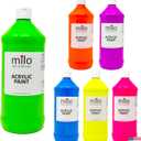 milo Fluorescent Acrylic Paint Set of 6 Colors | 32 oz Bottles| Student Neon Colors Acrylics Painting Pack | Glows UV in Black Light | Non-Toxic Art & Craft Paints for Artists, Kids, & Hobby Painters | Made in USA
