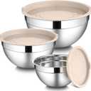 LIANYU Mixing Bowls with Airtight Lids Sets, 3 Packs Stainless Steel Metal Mixing Bowls, Ideal for Prepping, Cooking, Storage, Serving, Freezer & Dishwasher Safe, Khaki