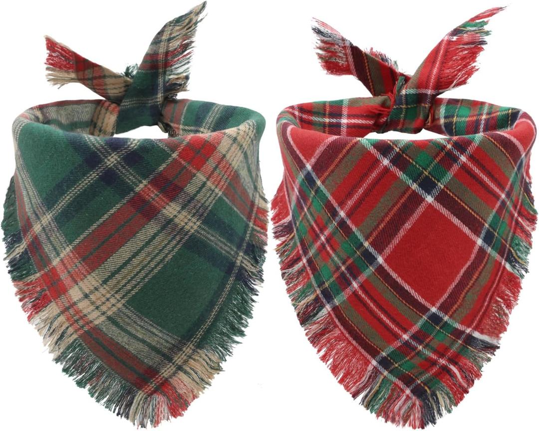 2PCS Christmas Dog Bandanas Plaid Two-Sided with Tassels,Holiday Scarf,Stylish Triangle Dog Outfit for Boy and Girl,Winter Christmas Classic Red-Green Plaid Pet Scarf for Medium to Large Dogs