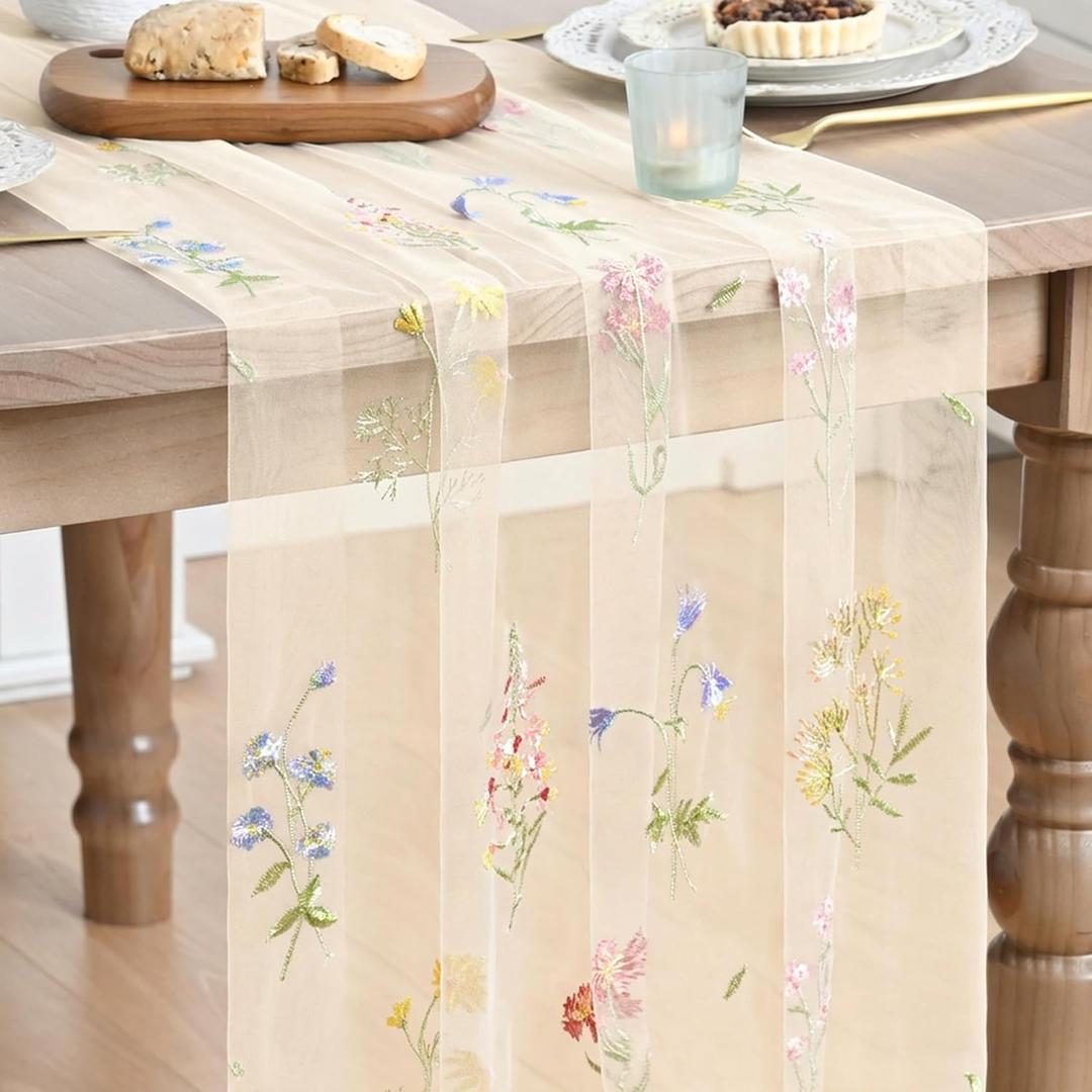 Artoid Mode Wildflower Floral Beige Apricot Gauze Embroidery Table Runner 120 Inch 10FT, Tulle Seasonal Spring Kitchen Dining Table Decor for Home Party (28" x 120")