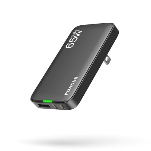 POANES 65W Flat USB Wall Charger, 3 Port USB Wall Charger with Type C and A, Ultra-Slim GaN Block PD3.0&PPS, Foldable Plug for Travel for iPhone 15, Samsung, Tablets and More